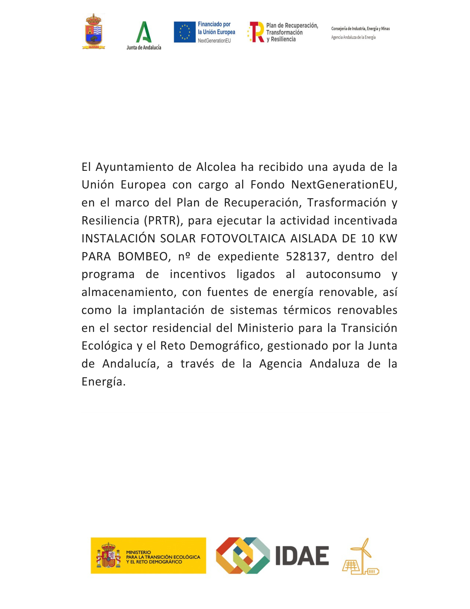 subvenciones, ayudas, unión europea, nextgenerationeu, junta de andalucía, ayuntamiento, alcolea, instalación, fotovoltaica, kw, bombeo